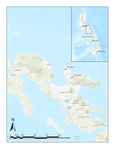 map of Bikol region, with sites Tandoc and Tamban marked