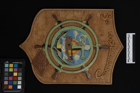 Wooden sign from Pulau Bidong, color card and scale