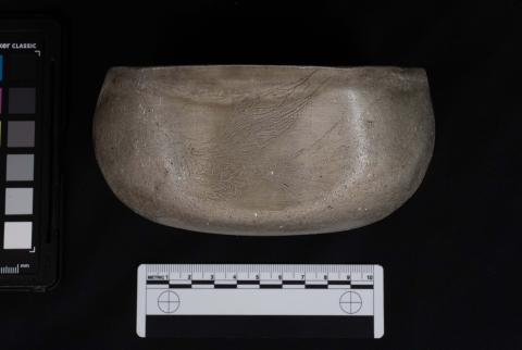 Image of front of cup with pheonix engraving as well as a color checker and ruler.