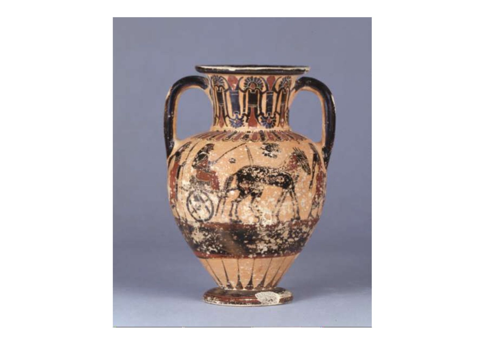 Amphora depicts a charioteer being drawn in a carriage.